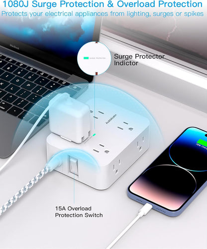 Surge Protector Power Strip -  8 Outlets 4 USB (2 USB C) Charging Ports, Multi Plug Outlet Extender, 5Ft Braided Extension Cord, Flat Plug Wall Mount Desk Charging Station for Home Office ETL
