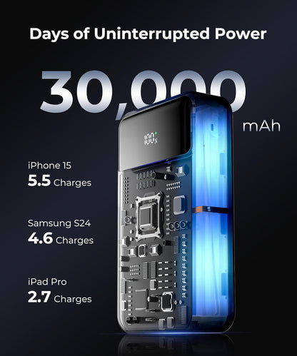 Portable-Charger-Power-Bank Travel Essentials Battery Pack USB C 30000Mah Built in Cable 22.5W Phone Fast Charging Powerbank Compatible with Iphone 16 15 14 13 12 11 Ipad Samsung Google Xiaomi