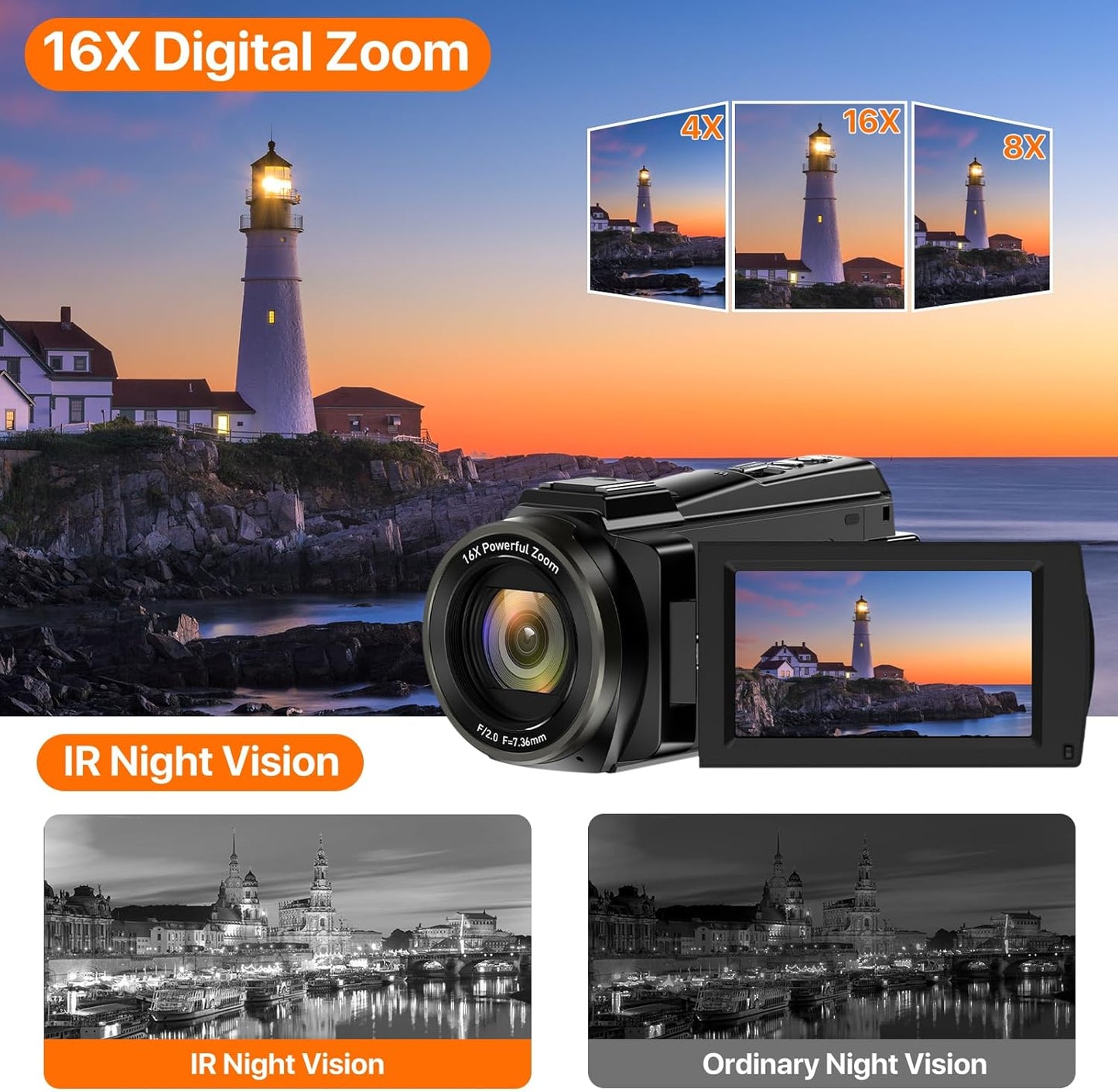Video Camera, 5K Camcorder UHD 48MP Wifi Vlogging Camera for Youtube IR Night Vision Anti-Shake 16X Digital Zoom 3” Touch Screen Camera with Microphone,Handheld Stabilizer,Lens Hood,Remote,2 Batteries