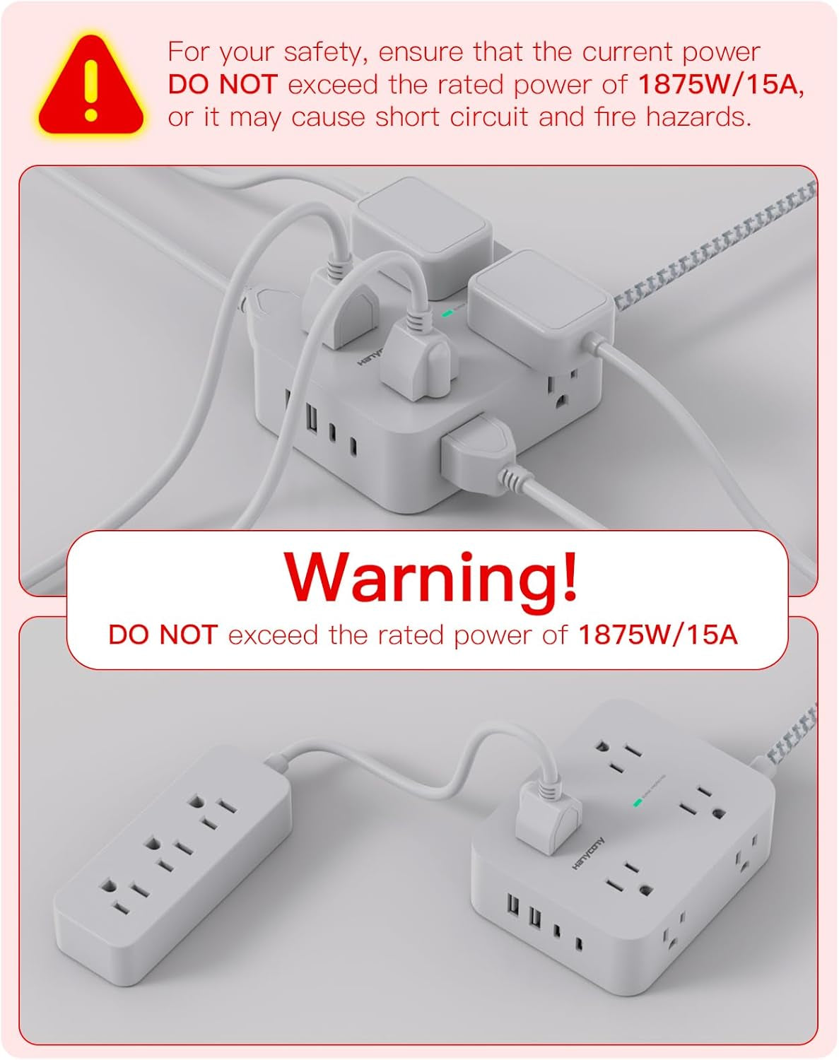 Surge Protector Power Strip -  8 Outlets 4 USB (2 USB C) Charging Ports, Multi Plug Outlet Extender, 5Ft Braided Extension Cord, Flat Plug Wall Mount Desk Charging Station for Home Office ETL