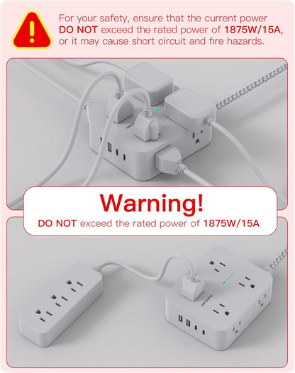 Surge Protector Power Strip -  8 Outlets 4 USB (2 USB C) Charging Ports, Multi Plug Outlet Extender, 5Ft Braided Extension Cord, Flat Plug Wall Mount Desk Charging Station for Home Office ETL