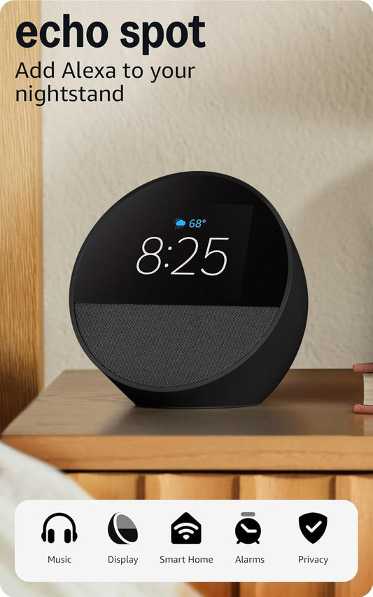 Echo Spot, Great for Nightstands, Offices and Kitchens, Smart Alarm Clock with Alexa, Black