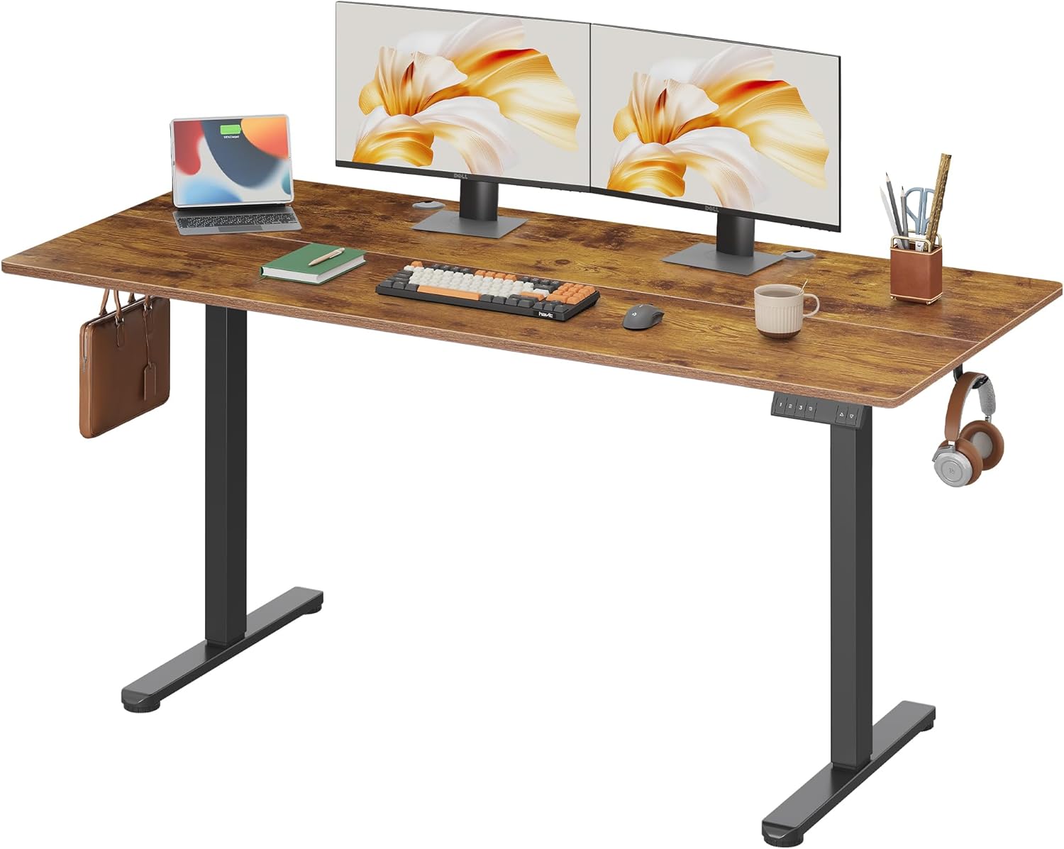 63 X 28 Inches Electric Standing Desk, 3 Adjustable Height Stand up Desk for Home Office, Ergonomic Sit to Stand Desk with LED Touchscreen, Hook, 3 Memory Preset Computer Desk (Rustic Brown)