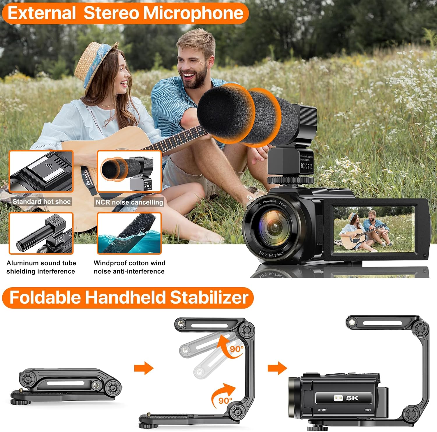 Video Camera, 5K Camcorder UHD 48MP Wifi Vlogging Camera for Youtube IR Night Vision Anti-Shake 16X Digital Zoom 3” Touch Screen Camera with Microphone,Handheld Stabilizer,Lens Hood,Remote,2 Batteries