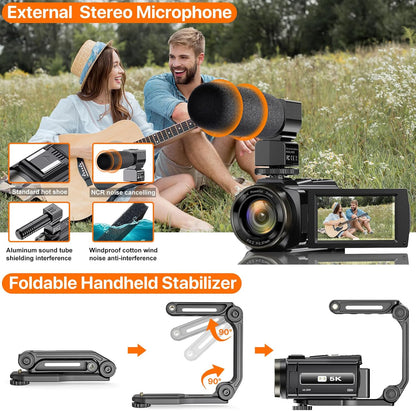 Video Camera, 5K Camcorder UHD 48MP Wifi Vlogging Camera for Youtube IR Night Vision Anti-Shake 16X Digital Zoom 3” Touch Screen Camera with Microphone,Handheld Stabilizer,Lens Hood,Remote,2 Batteries