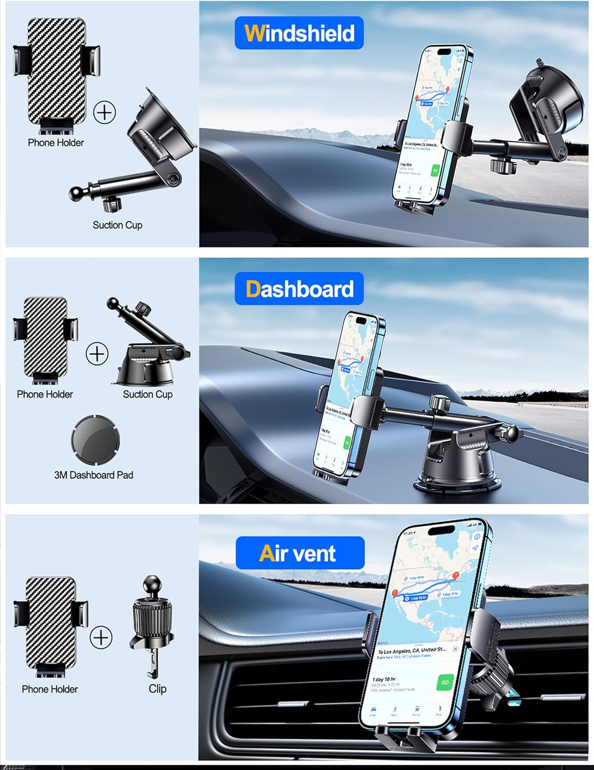 Dash Mounted Holders Phone Holders for Your Car Phone Mount for Car Windshield Dashboard Air Vent Universal Desk Mounts Hands Free Automobile Cell Phone Holder Fit for Iphone Smartphone