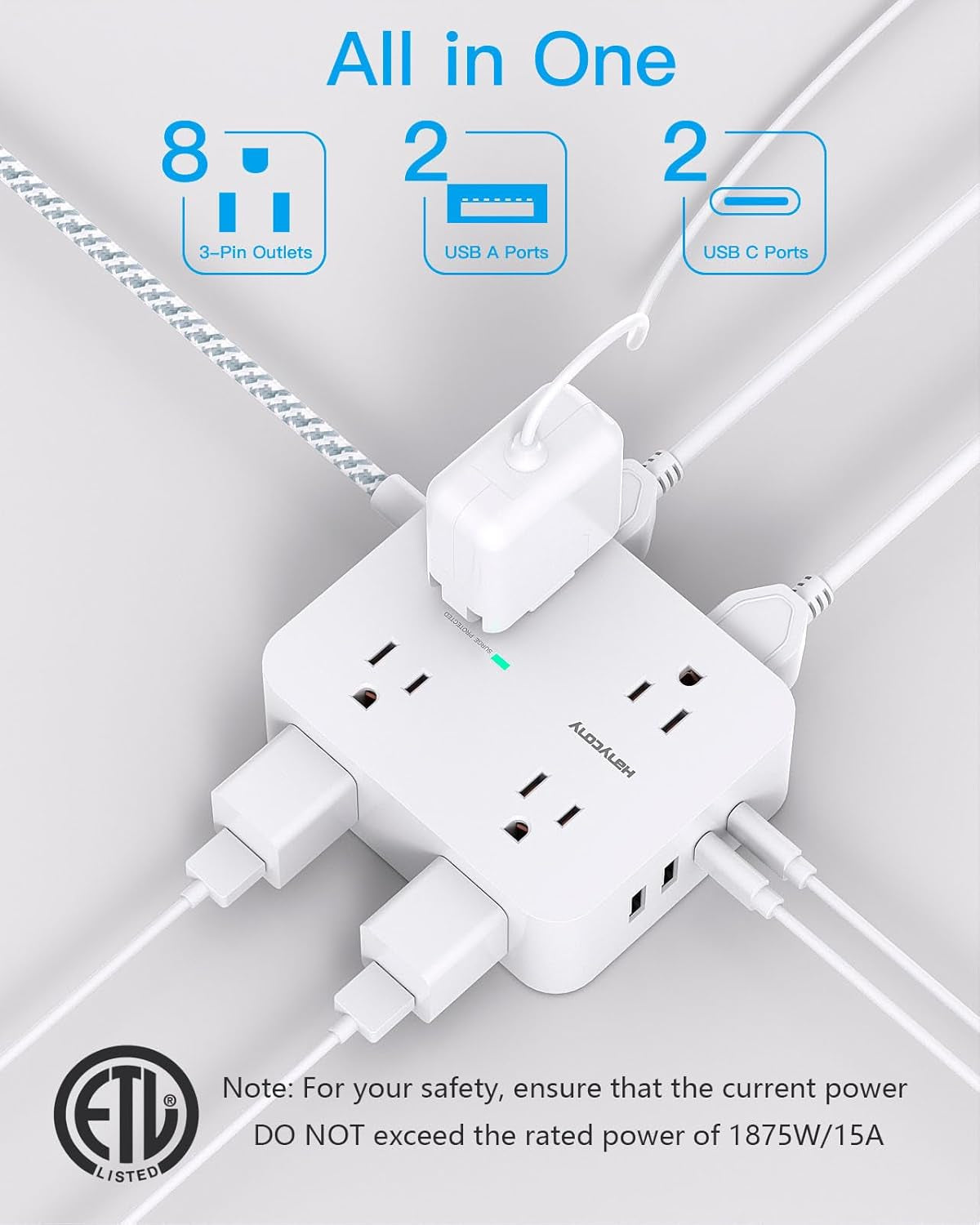 Surge Protector Power Strip -  8 Outlets 4 USB (2 USB C) Charging Ports, Multi Plug Outlet Extender, 5Ft Braided Extension Cord, Flat Plug Wall Mount Desk Charging Station for Home Office ETL